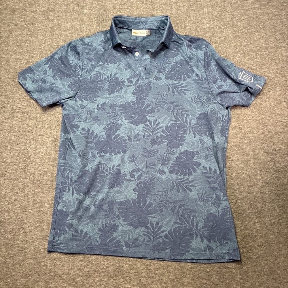 KJUS Golf Polo Large Men Shirt Blue Tropical Leaf Pattern Performance Breathable